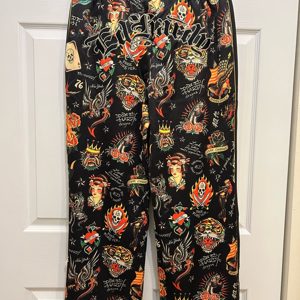 Ed Hardy Flashboard Track Pants Sz L Wide Leg Embroidered tattoo NWT Women. - Picture 3 of 11
